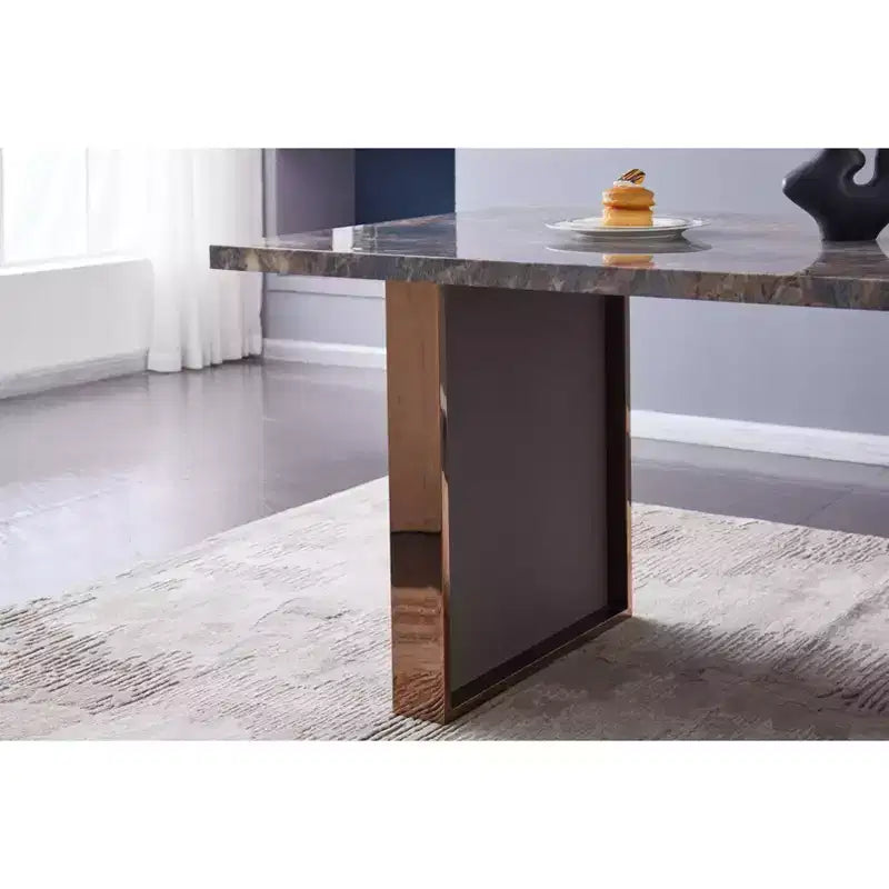 Table de salle à manger rectangulaire de 180 cm avec plateau en faux marbre et pieds en acier inoxydable, table de cuisine pour 6 à 8 personnes pour le salon, marron