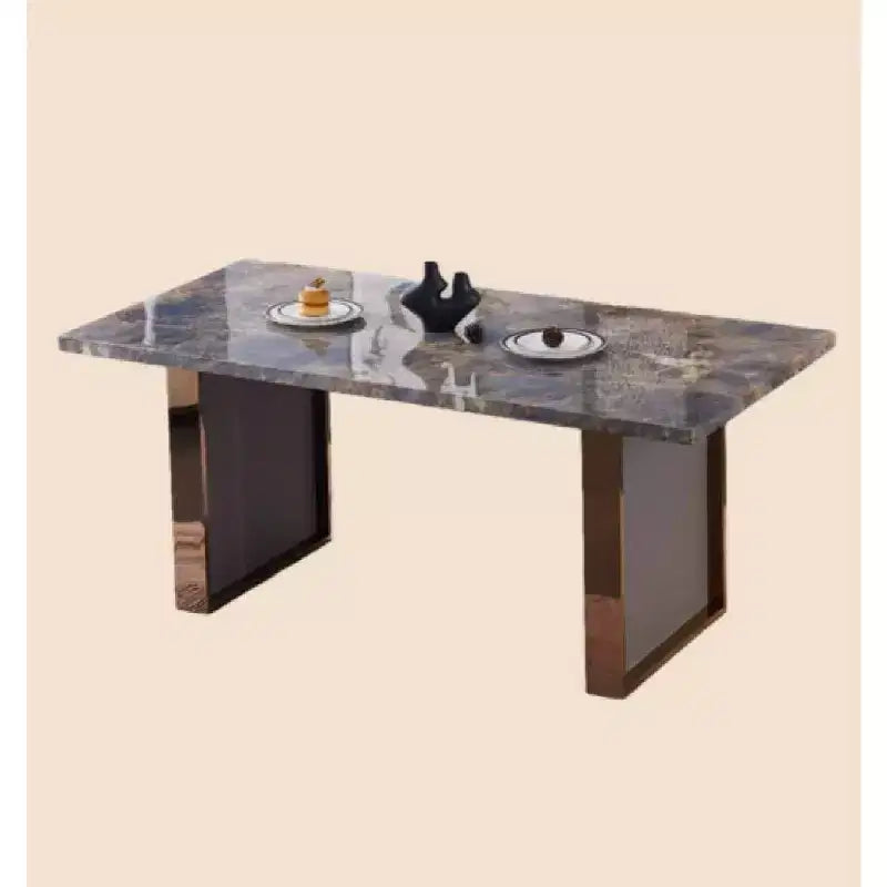 Table de salle à manger rectangulaire de 180 cm avec plateau en faux marbre et pieds en acier inoxydable, table de cuisine pour 6 à 8 personnes pour le salon, marron
