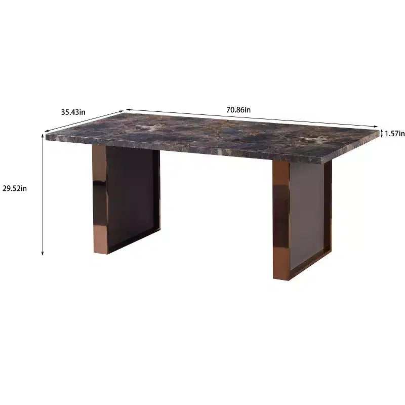 Table de salle à manger rectangulaire de 180 cm avec plateau en faux marbre et pieds en acier inoxydable, table de cuisine pour 6 à 8 personnes pour le salon, marron