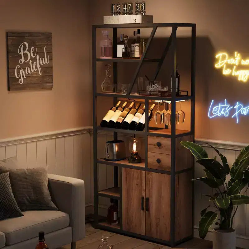 Meuble Bar à Vin – Grande Station de Café Bar avec Prises Électriques, Casier à Vin pour Salon