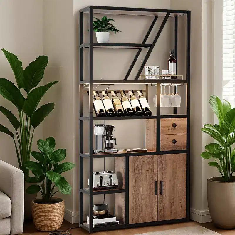 Meuble Bar à Vin – Grande Station de Café Bar avec Prises Électriques, Casier à Vin pour Salon