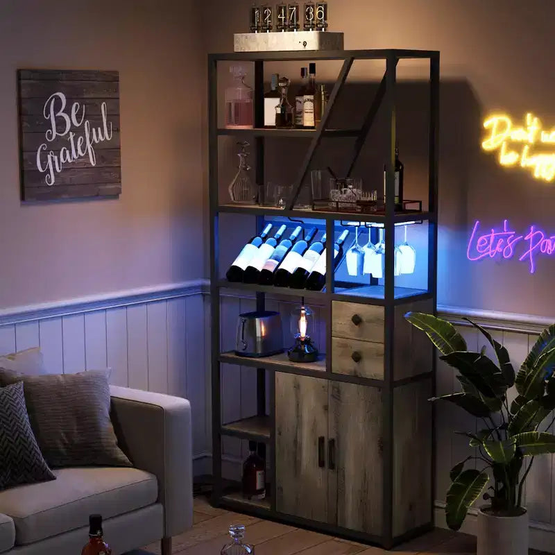 Meuble Bar à Vin – Grande Station de Café Bar avec Prises Électriques, Casier à Vin pour Salon