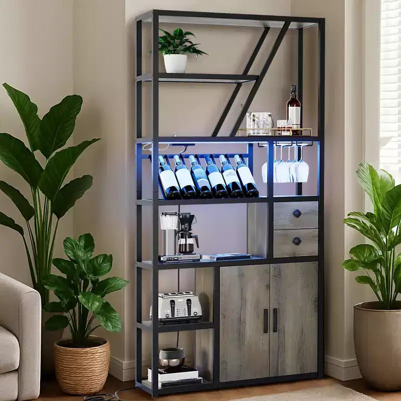 Meuble Bar à Vin – Grande Station de Café Bar avec Prises Électriques, Casier à Vin pour Salon