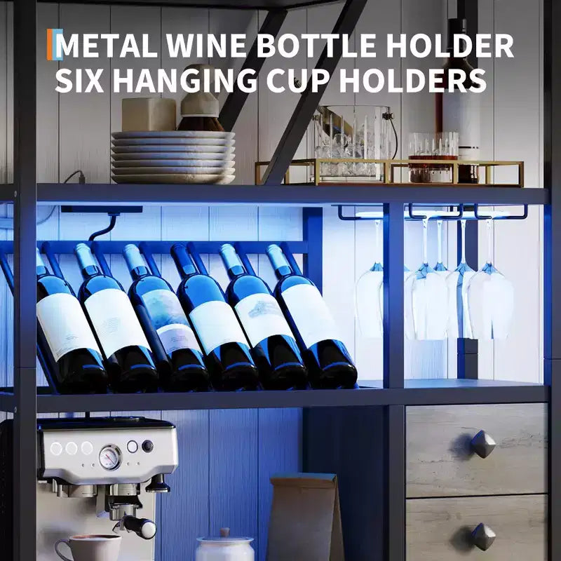 Meuble Bar à Vin – Grande Station de Café Bar avec Prises Électriques, Casier à Vin pour Salon