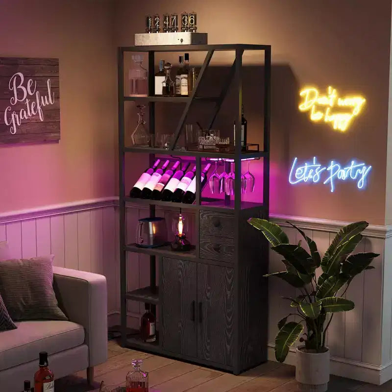 Meuble Bar à Vin – Grande Station de Café Bar avec Prises Électriques, Casier à Vin pour Salon