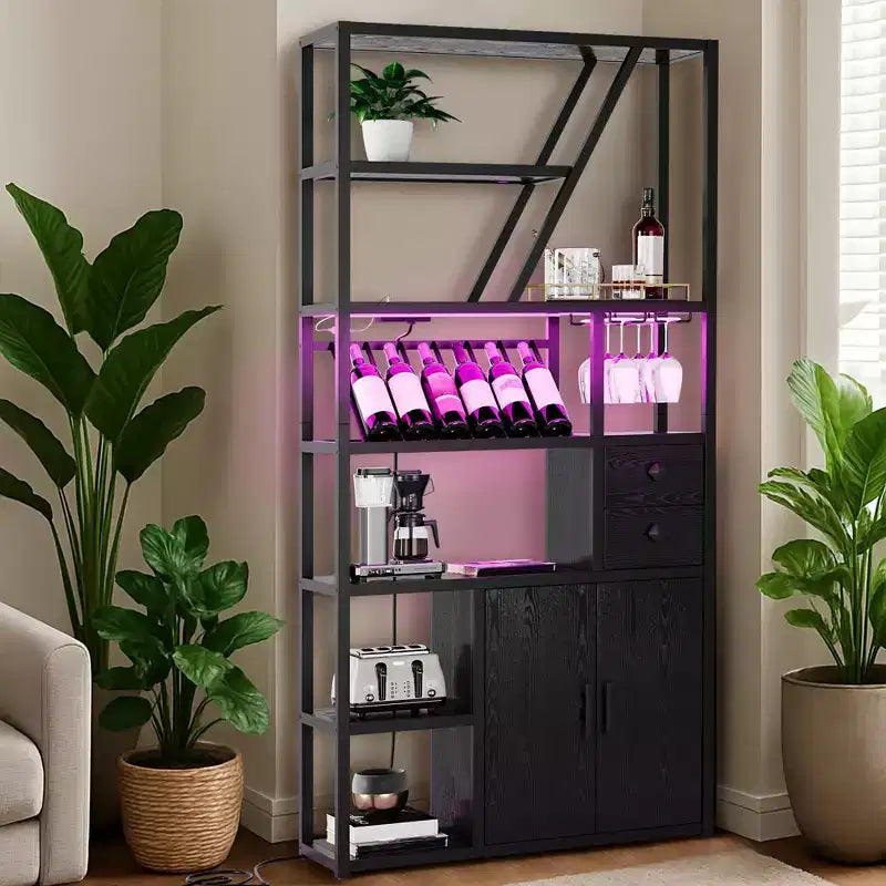 Meuble Bar à Vin – Grande Station de Café Bar avec Prises Électriques, Casier à Vin pour Salon