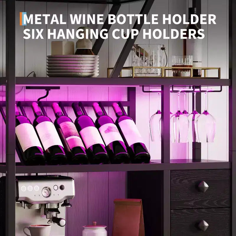 Meuble Bar à Vin – Grande Station de Café Bar avec Prises Électriques, Casier à Vin pour Salon