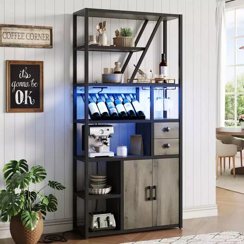 Meuble Bar à Vin – Grande Station de Café Bar avec Prises Électriques, Casier à Vin pour Salon