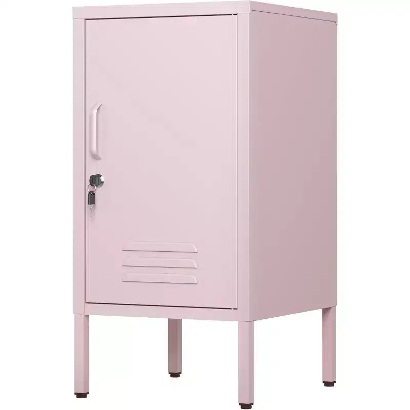 Table d'appoint métallique verrouillable avec porte unique, 2 étagères réglables, Armoire de rangement moderne et minimaliste pour chambre et salon, Rose