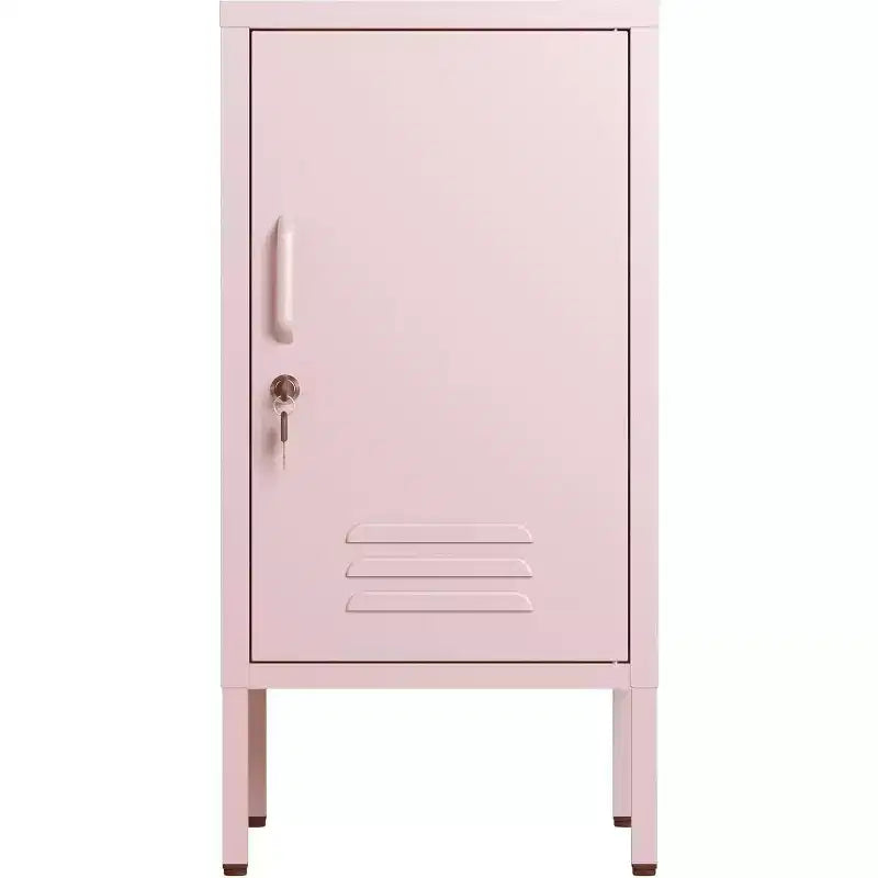 Table d'appoint métallique verrouillable avec porte unique, 2 étagères réglables, Armoire de rangement moderne et minimaliste pour chambre et salon, Rose