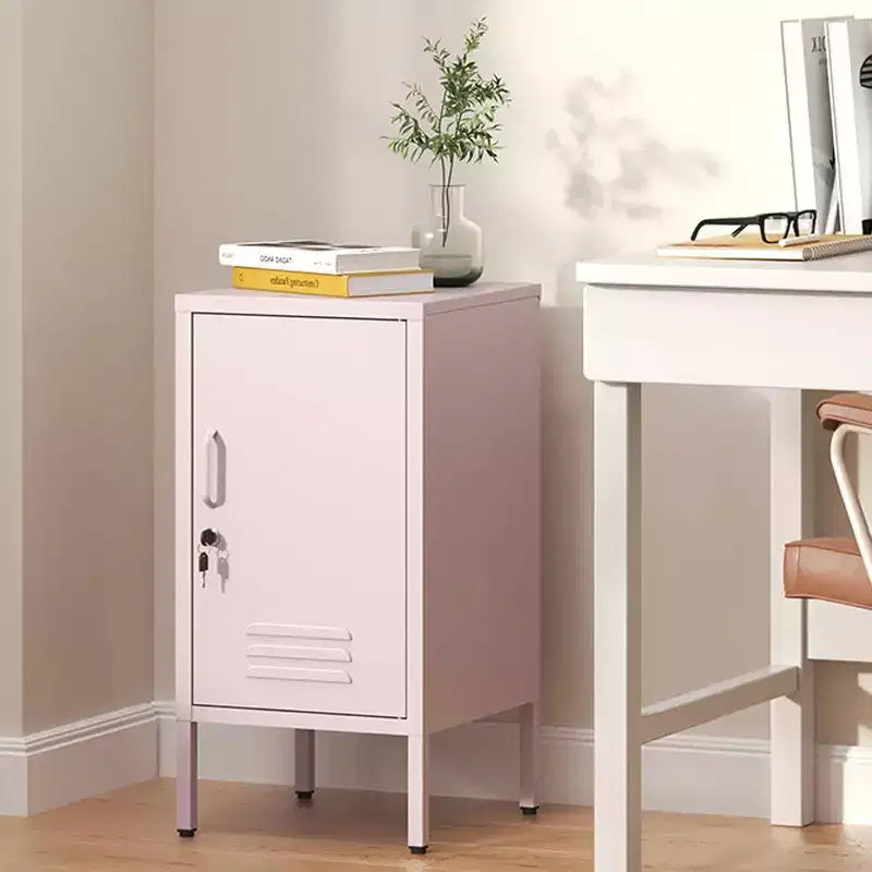 Table d'appoint métallique verrouillable avec porte unique, 2 étagères réglables, Armoire de rangement moderne et minimaliste pour chambre et salon, Rose