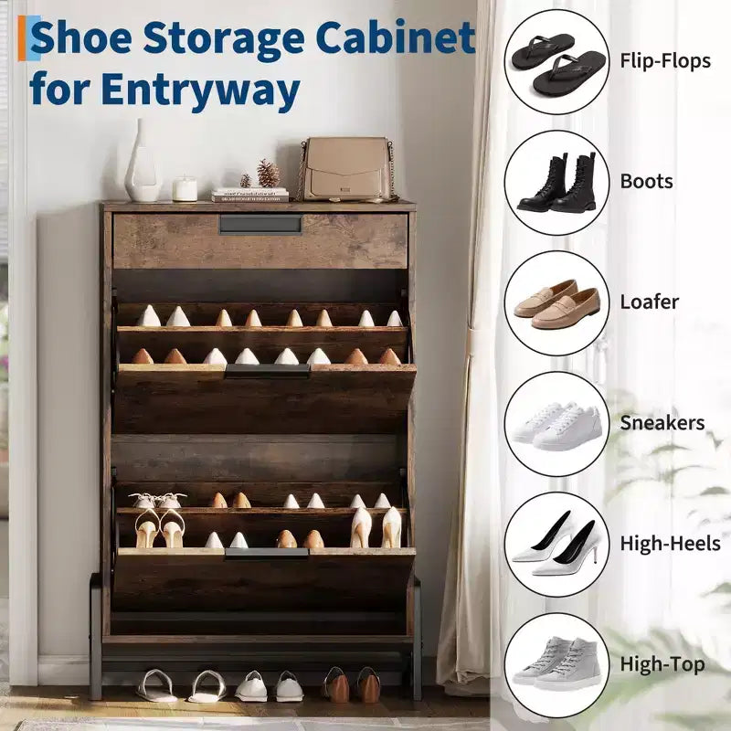 Meuble à chaussures avec 2 tiroirs basculants et 1 tiroir, étagère à chaussures étroite autoportante et étagères réglables à 3 niveaux pour l'entrée