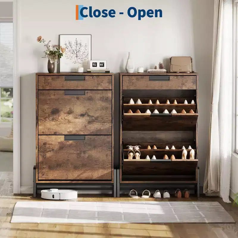 Meuble à chaussures avec 2 tiroirs basculants et 1 tiroir, étagère à chaussures étroite autoportante et étagères réglables à 3 niveaux pour l'entrée