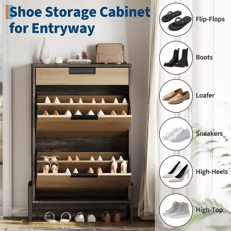 Meuble à chaussures avec 2 tiroirs basculants et 1 tiroir, étagère à chaussures étroite autoportante et étagères réglables à 3 niveaux pour l'entrée