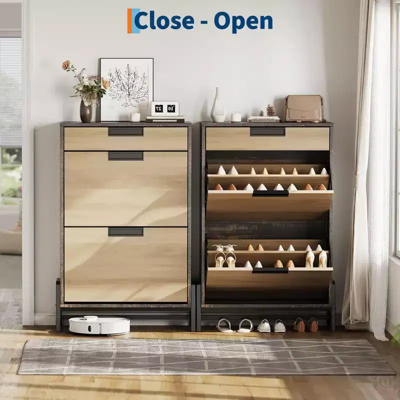 Meuble à chaussures avec 2 tiroirs basculants et 1 tiroir, étagère à chaussures étroite autoportante et étagères réglables à 3 niveaux pour l'entrée