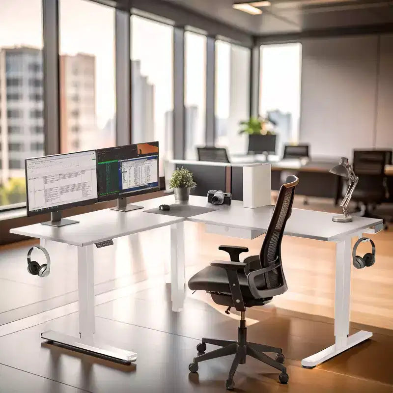 Bureau d'angle réglable en hauteur XL électrique, cadre blanc et plateau blanc