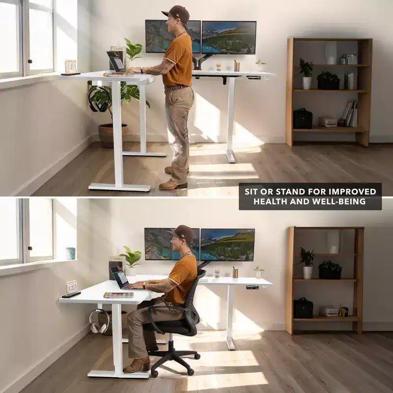 Bureau d'angle réglable en hauteur XL électrique, cadre blanc et plateau blanc