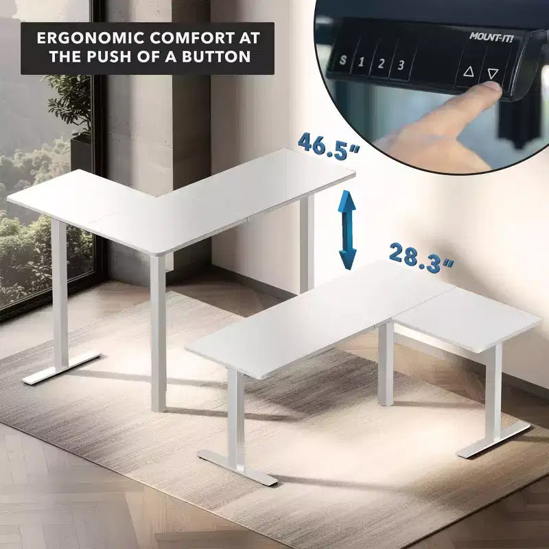 Bureau d'angle réglable en hauteur XL électrique, cadre blanc et plateau blanc