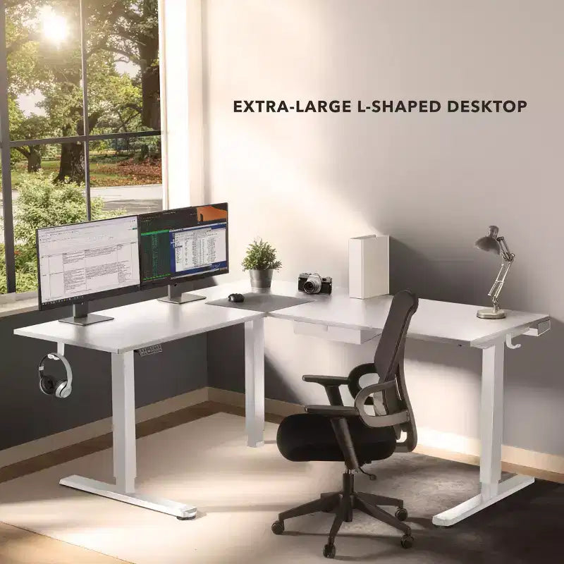 Bureau d'angle réglable en hauteur XL électrique, cadre blanc et plateau blanc