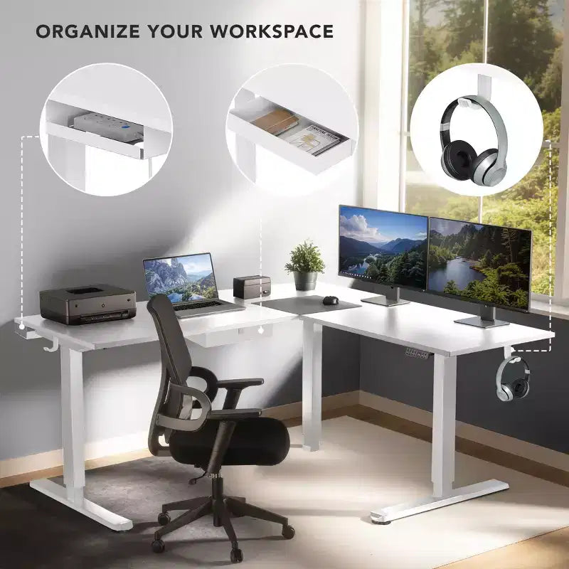 Bureau d'angle réglable en hauteur XL électrique, cadre blanc et plateau blanc