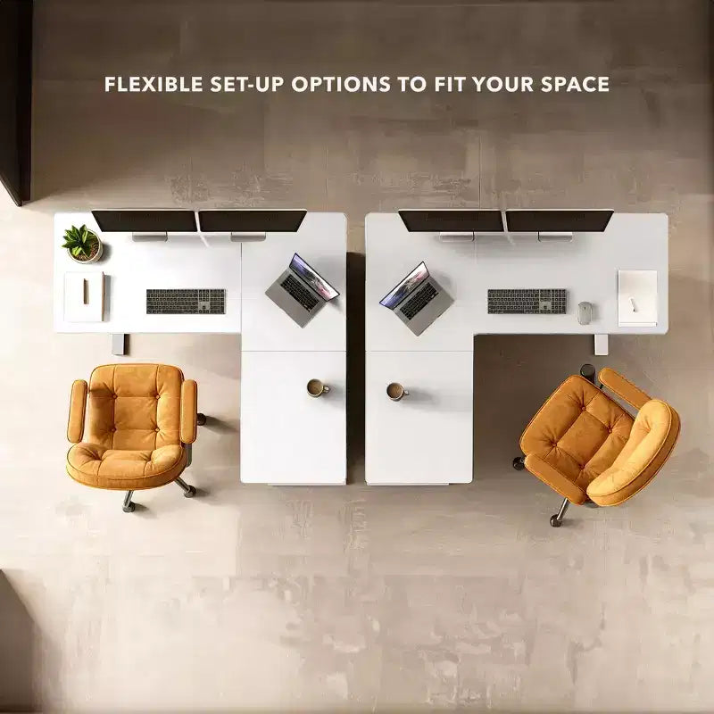 Bureau d'angle réglable en hauteur XL électrique, cadre blanc et plateau blanc