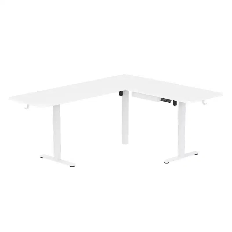 Bureau d'angle réglable en hauteur XL électrique, cadre blanc et plateau blanc