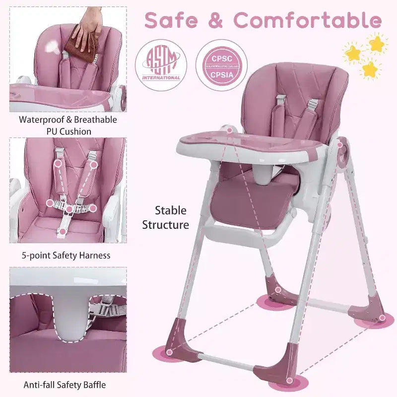 Chaise haute bébé pour tout-petits, chaise haute pliable réglable en hauteur et inclinable avec plateau amovible pour un nettoyage facile, violette