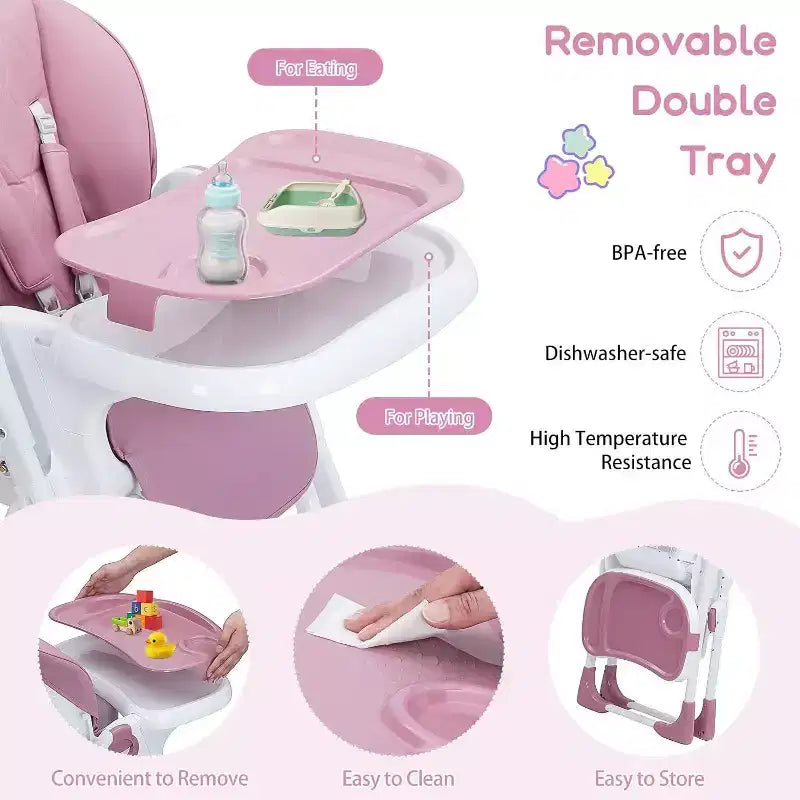 Chaise haute bébé pour tout-petits, chaise haute pliable réglable en hauteur et inclinable avec plateau amovible pour un nettoyage facile, violette