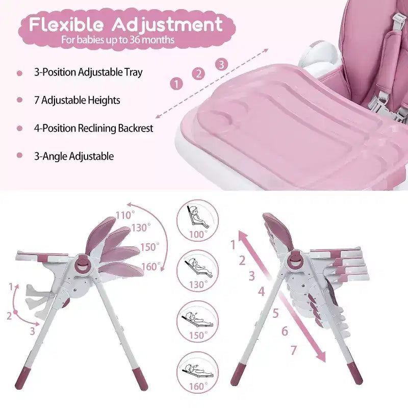 Chaise haute bébé pour tout-petits, chaise haute pliable réglable en hauteur et inclinable avec plateau amovible pour un nettoyage facile, violette