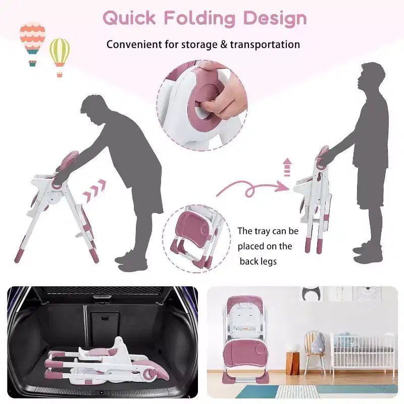 Chaise haute bébé pour tout-petits, chaise haute pliable réglable en hauteur et inclinable avec plateau amovible pour un nettoyage facile, violette