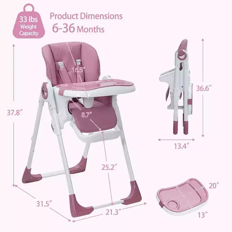 Chaise haute bébé pour tout-petits, chaise haute pliable réglable en hauteur et inclinable avec plateau amovible pour un nettoyage facile, violette