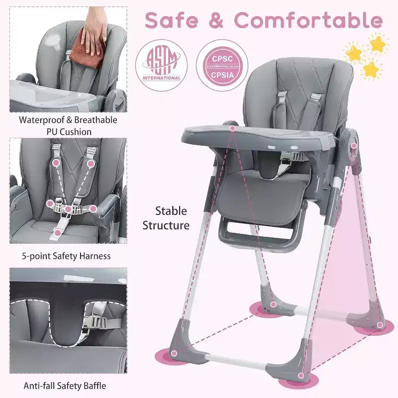 Chaise haute bébé pour tout-petits, chaise haute pliable réglable en hauteur et inclinable avec plateau amovible pour un nettoyage facile, violette