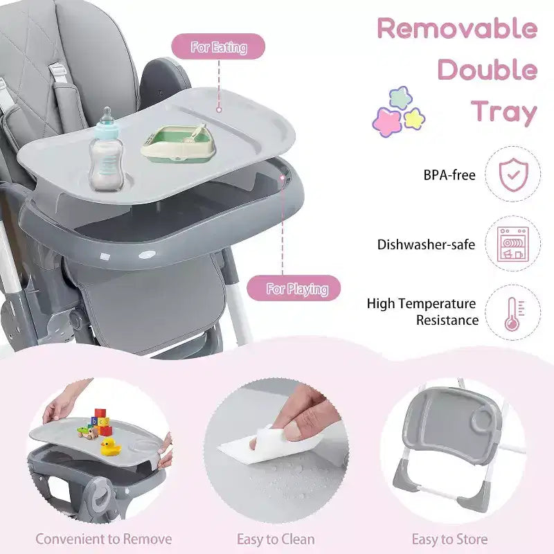 Chaise haute bébé pour tout-petits, chaise haute pliable réglable en hauteur et inclinable avec plateau amovible pour un nettoyage facile, violette
