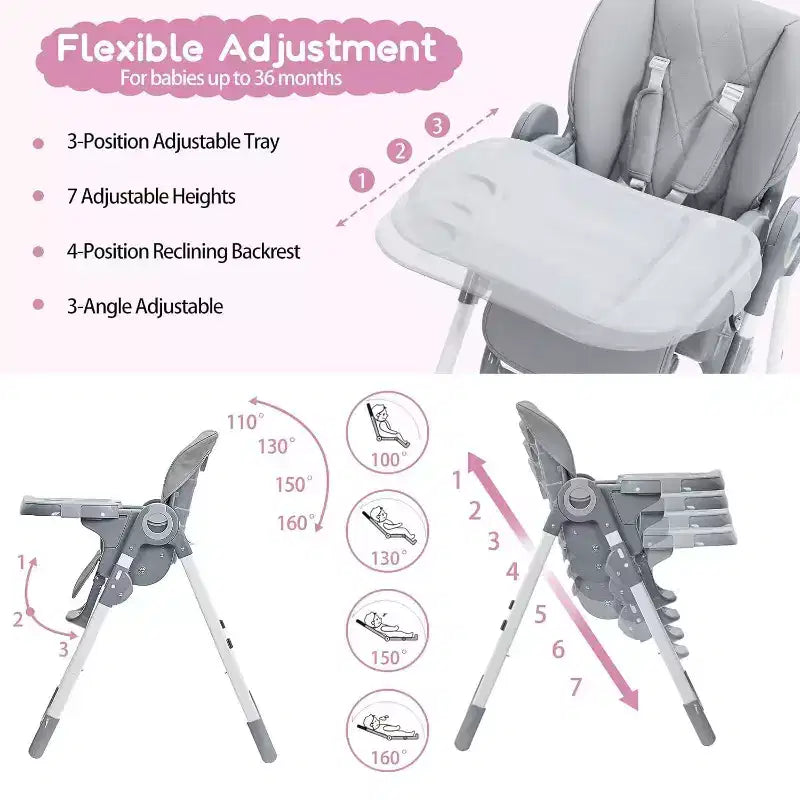 Chaise haute bébé pour tout-petits, chaise haute pliable réglable en hauteur et inclinable avec plateau amovible pour un nettoyage facile, violette
