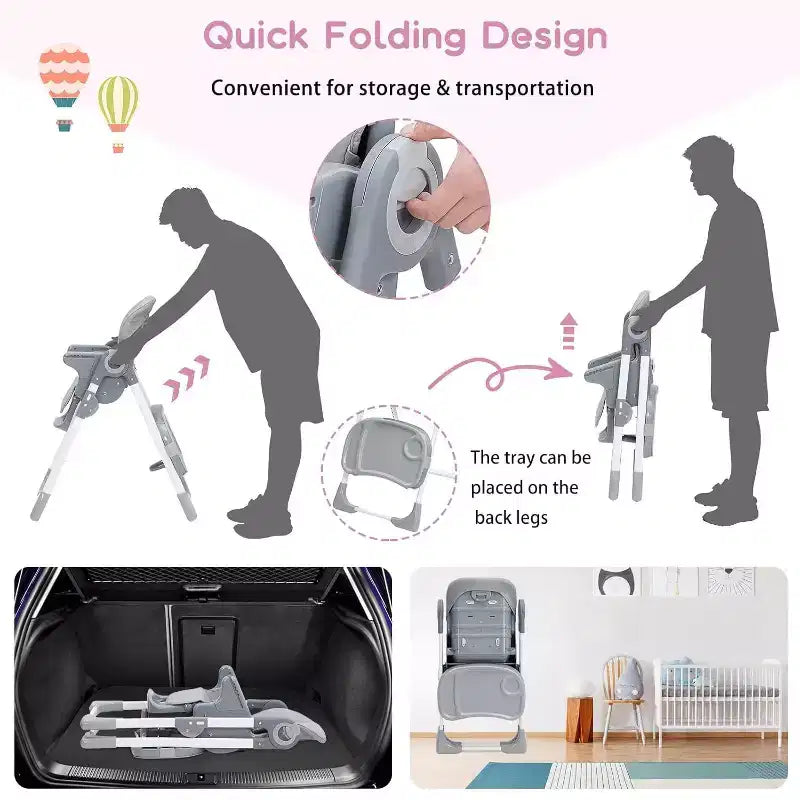 Chaise haute bébé pour tout-petits, chaise haute pliable réglable en hauteur et inclinable avec plateau amovible pour un nettoyage facile, violette