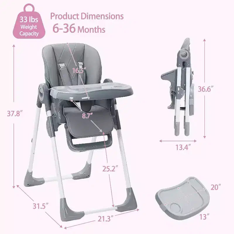 Chaise haute bébé pour tout-petits, chaise haute pliable réglable en hauteur et inclinable avec plateau amovible pour un nettoyage facile, violette