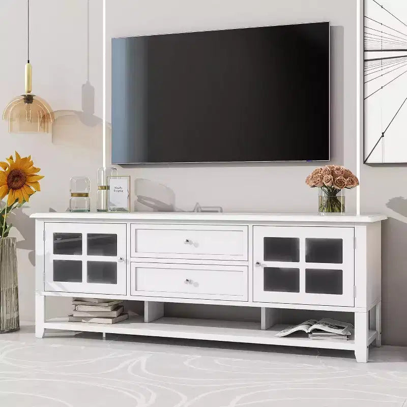 Meuble TV 54 pouces pour téléviseurs jusqu'à 60 pouces, Meuble de divertissement moderne avec rangement dissimulé, Portes magnétiques silencieuses, Console média en fibre de bois