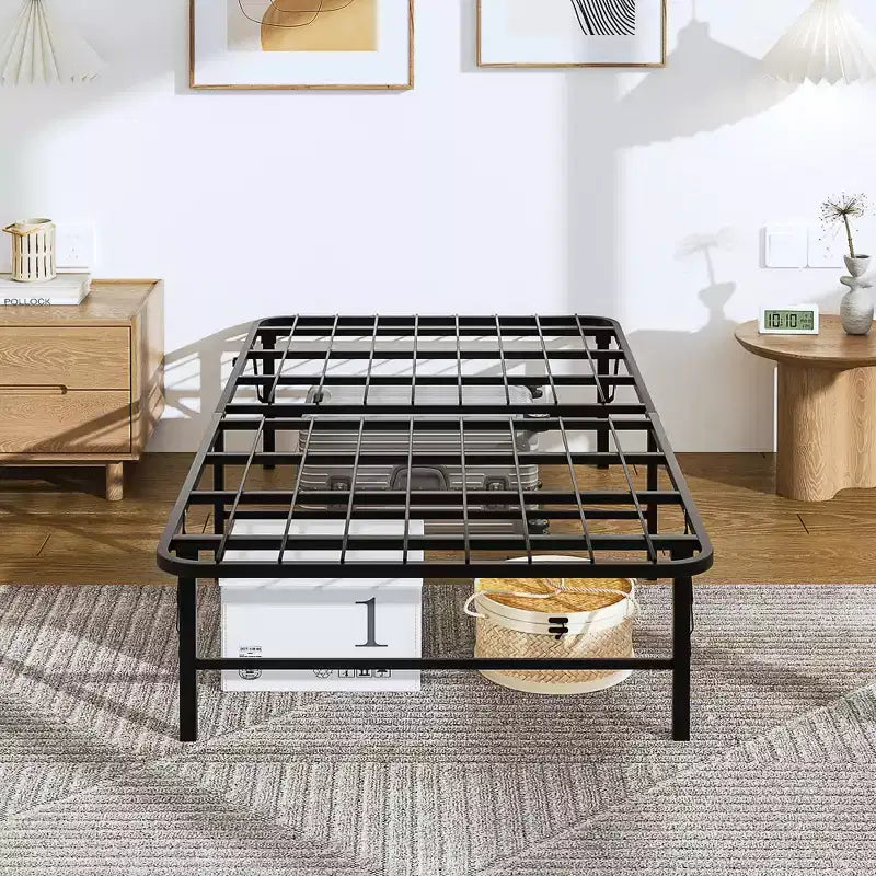 Cadre de lit pliant moderne en métal simple de 14 pouces de haut avec rangement sous le lit, montage facile, noir