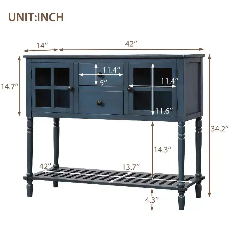 Console de ferme avec étagère inférieure et armoire de rangement pour salon, bleu marine antique