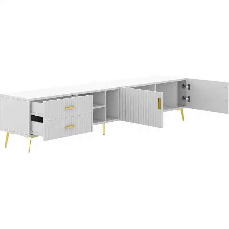 Meuble TV moderne avec 4 rangements dissimulés, 3 étagères ouvertes et 2 tiroirs, supporte les téléviseurs jusqu'à 77 pouces, blanc avec pieds couleur champagne