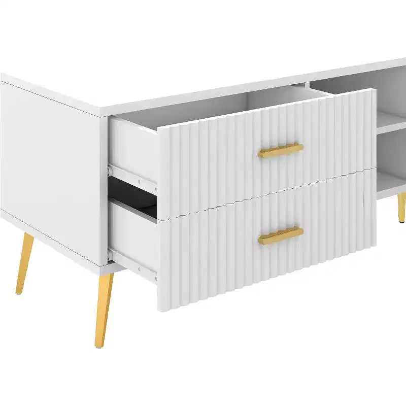 Meuble TV moderne avec 4 rangements dissimulés, 3 étagères ouvertes et 2 tiroirs, supporte les téléviseurs jusqu'à 77 pouces, blanc avec pieds couleur champagne