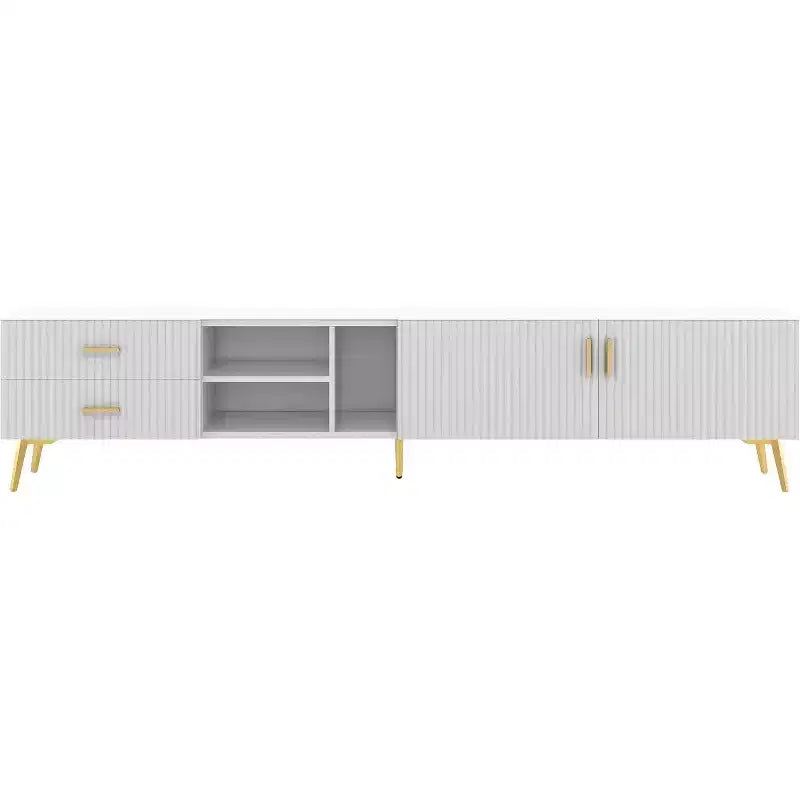 Meuble TV moderne avec 4 rangements dissimulés, 3 étagères ouvertes et 2 tiroirs, supporte les téléviseurs jusqu'à 77 pouces, blanc avec pieds couleur champagne