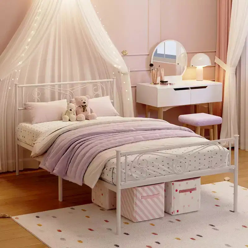 Cadre de lit en métal Double, Plateforme Robuste avec Tête et Pied de Lit, Support à Lattes en Acier, Pas Besoin de Sommier Tapissier, Assemblage Facile, pour Enfants