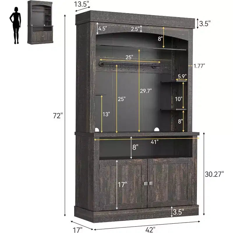Meuble de rangement de ferme de 183 cm – Station de café avec lumières LED 3 couleurs, grand espace de rangement et crochets en S pour cuisine, salle à manger