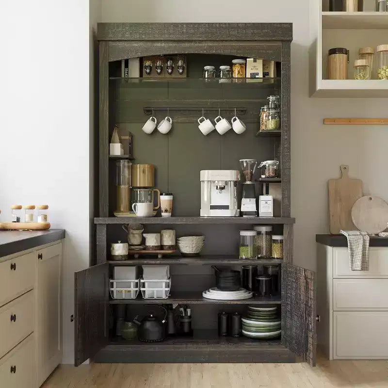 Meuble de rangement de ferme de 183 cm – Station de café avec lumières LED 3 couleurs, grand espace de rangement et crochets en S pour cuisine, salle à manger