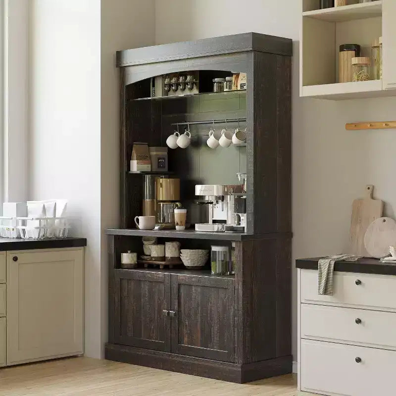 Meuble de rangement de ferme de 183 cm – Station de café avec lumières LED 3 couleurs, grand espace de rangement et crochets en S pour cuisine, salle à manger