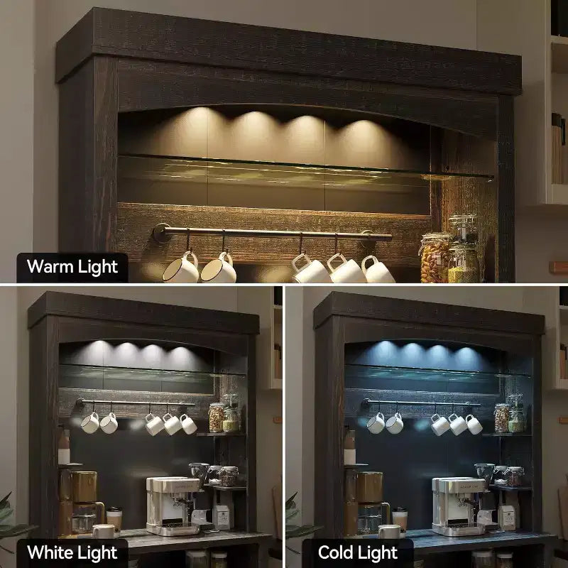 Meuble de rangement de ferme de 183 cm – Station de café avec lumières LED 3 couleurs, grand espace de rangement et crochets en S pour cuisine, salle à manger