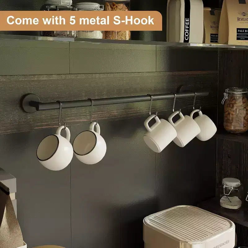 Meuble de rangement de ferme de 183 cm – Station de café avec lumières LED 3 couleurs, grand espace de rangement et crochets en S pour cuisine, salle à manger