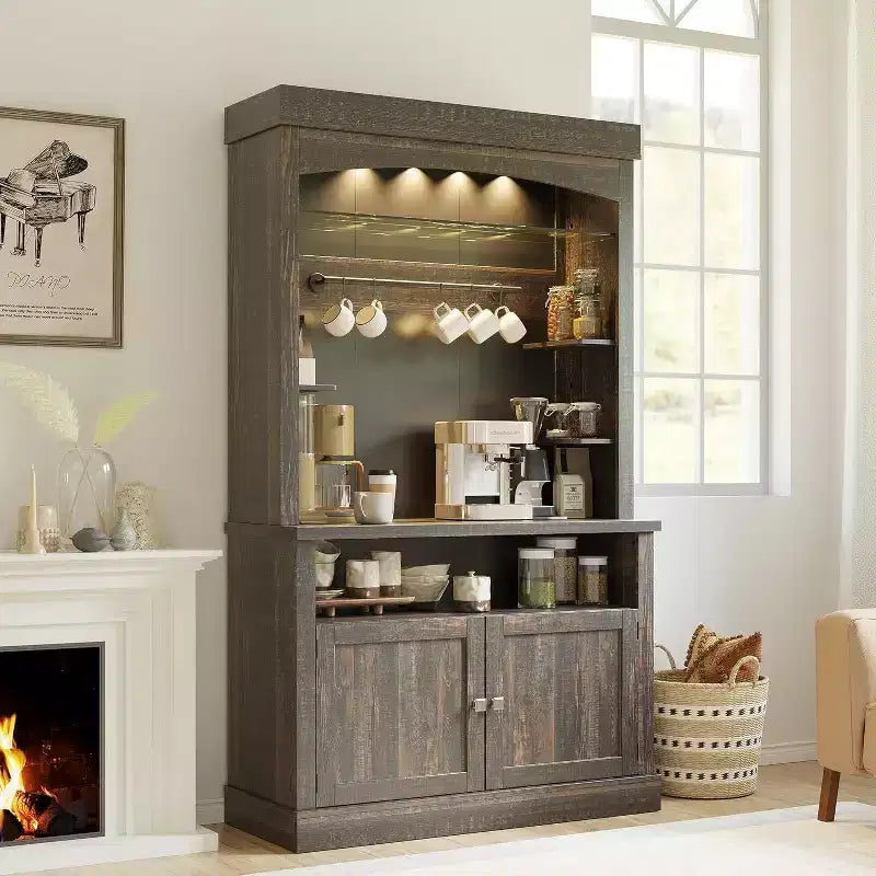 Meuble de rangement de ferme de 183 cm – Station de café avec lumières LED 3 couleurs, grand espace de rangement et crochets en S pour cuisine, salle à manger