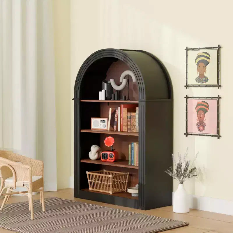Vitrine Ancienne avec Arc, Armoire de Rangement avec 4 Étagères, Armoire de Rangement Autoportante pour Salon, Couloir et Bureau, Noir